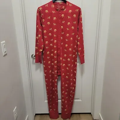 Men J Crew Knit Bulldog Union Suit Pajamas Red One Piece Access Area Size Large • $38.99