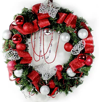 Red Ribbon Silver Mesh Wreath Red Silver Ornaments Silver Mesh Front Door Decor • $35.99