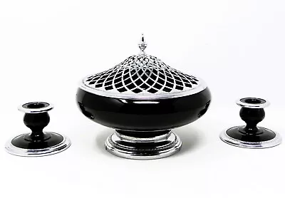 RARE Cambridge Black Glass Console Bowl Candlestick Set Farber Bros Art Deco • $325