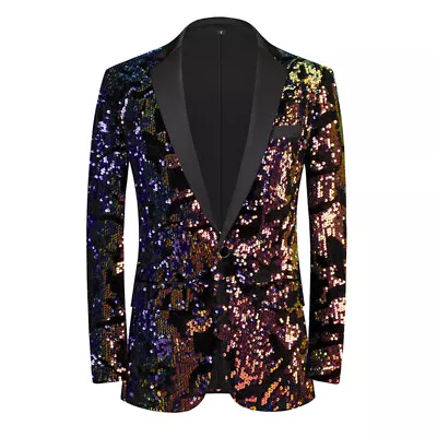 Wedding Men Glitter Sequin Jacket Fancy One Button Suit Blazer Dress Costume Top • £62.99