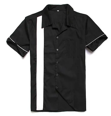 Mens Rockabilly Hot Rod Bowling Black Shirts 50s Style Club Wear Casual Shirts • £16.67