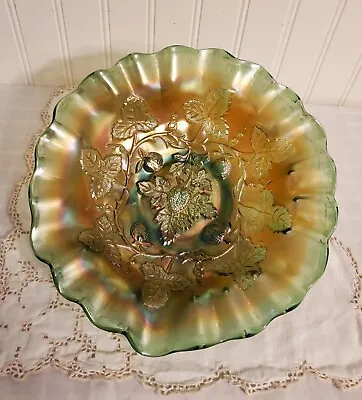 Millersburg RADIUM Carnival Glass 1910 Green 10  Blackberry Wreath 3-1 Edge Bowl • $84