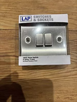 LAP 10AX Plate Switch 2 Gang 2 Way Brushed Stainless Steel - BRAND NEW IN BOX • £5