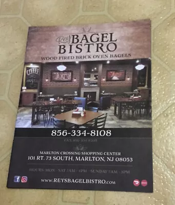 Rey Bagel Bistro Wood Fired Brick Oven Menu Marlton Shopping Center New Jersey • $19.99