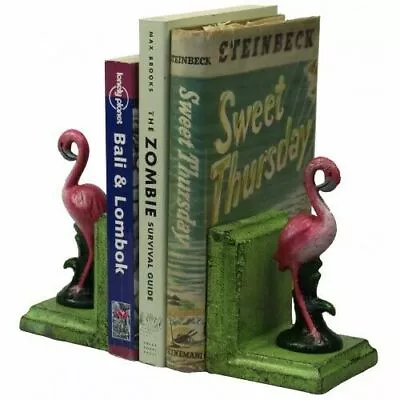 Cast Iron Flamingo Bookends - Hand Painted Pink Bird With Green Base Book Ends • $69.95