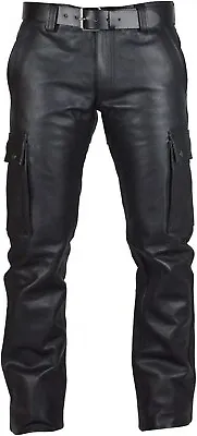 Men's Real Black Leather Pants Cargo 6 Pockets Pants Bikers Jeans Trouser • $109.99