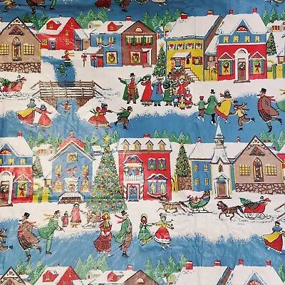 Vintage 70s Christmas Village Skaters Vinyl Flannel Backed Tablecloth  52 X 100  • $18.95
