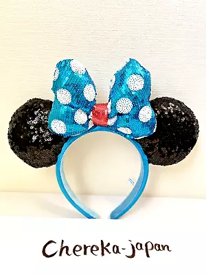 Tokyo Disney Resort Headband Light Blue Dot Sequins Ribbon Black Ears Japan TDL • £28.93