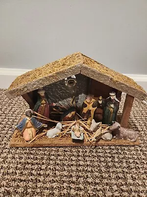 Vintage Nativity W Light & 9 Figures CRECHE Manger Christmas Home Decor • $25