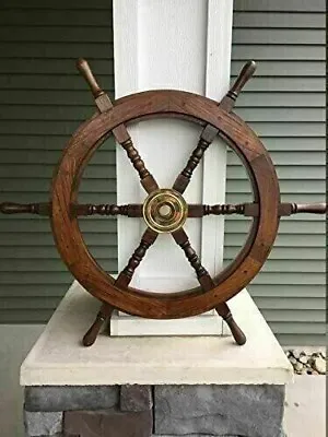 £50.40 • Buy Vintage Wall Boat Décor 24  Brass Dark Brown Wooden Steering Ship Wheel Pirate