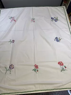 Vintage Cotton Table Cloth White Crocheted Edges Needle Point Flowers 40” X 42” • $14.99