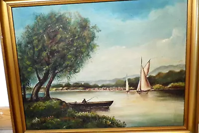 PAINTING Edwardian Oil Painting  63x50cm Lake Scene  C1910 Original Antique • £46.99