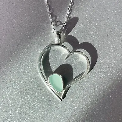 Seafoam Genuine Caribbean Sea Glass Heart Pendant Silver Necklace • $55