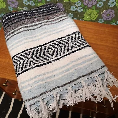 Blue Grey Mexican Woven Stripy Falsa Yoga Picnic Blanket Throw • £19.99