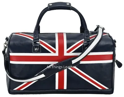 Union Jack Leather Weekend Bag Genuine Glaze Leather Holdall Unisex Duffle Bag • £93.50