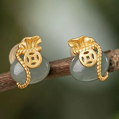 Natural Jade Moneybag Earrings Ear Stud Chinese Lucky Amulet Fashion Jewelry • $22.98