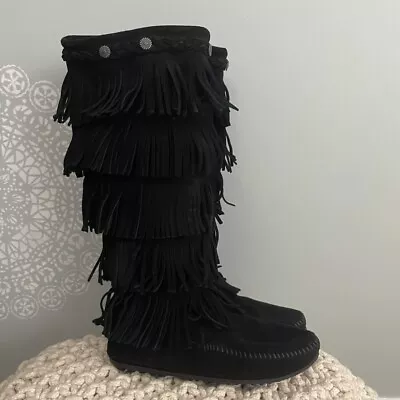 Minnetonka Black Suede Leather 5 Layer Fringe Moccasin Boots Womens Size 8 • $50