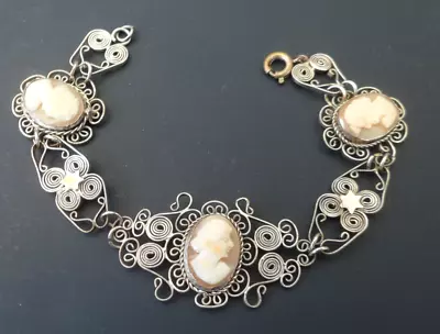 Vintage Jewellery Silver Filigree Carved Cameo Panel Bracelet • £45