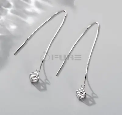 £4.99 • Buy 925 Sterling Silver Square Stud Simulated Diamond Dangle Drop Threader Earrings
