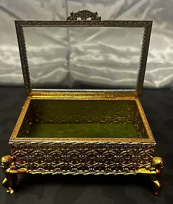 Vintage Cherub Filigree Glass Trinket Jewelry Box • $40