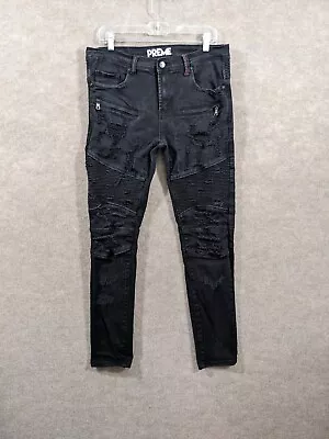 Preme Distressed Jeans Mens 34x32 Skinny Black Denim Zip Urban Streetwear Casual • $11.94