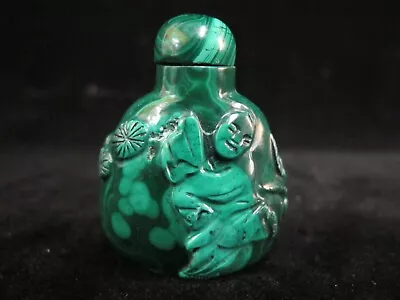 CHINESE Carved Green MALACHITE Dancing Figure With Flowers SNUFF Bottle • $195