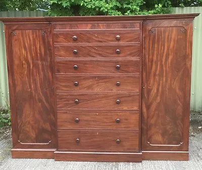 Rare Victorian Mahogany Breakfront Compactum Wardrobe Ideal For Low Ceilings • £2650