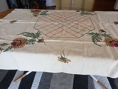Vtg Embroidered  Bridge Poker Card Table Cloth Tablecover Ivory Linen 57 X54  • $25