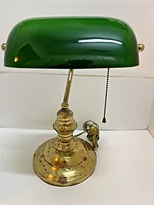 Vintage Bankers Desk Lamp Adjustable Swivel Arm Emerald Green Cased Glass Shade • $99.99