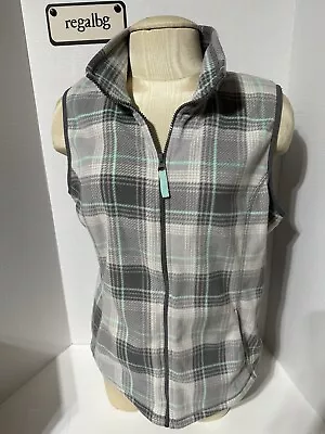 Made For Life Women Gray/White/ Turquoise Sleeveless Full Zip Plaid Vest Size L • $18.99