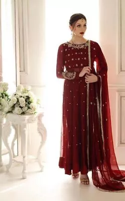 $103.07 • Buy Indian Traditional Women Wedding Lace Border Maroon Georgette Gown With Dupatta