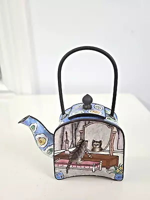 Beautiful Blue  Cat Design Miniature Empress Arts Enamel Hand Panted Teapot 1999 • $29.36