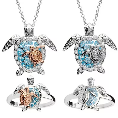 Women 925 Silver Cubic Zirconia Turtle Pendant Rings Necklace Set Jewelry Gifts • £4.82