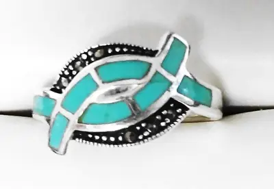 Vintage Signed LA Turquoise Inlay And Marcasite Silver Ring Size 65 • $34.50