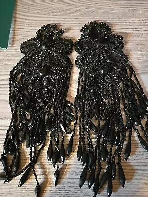 Antique Victorian 1890s Pair Black Jet Beaded Dress Appliques Epilettes • $45