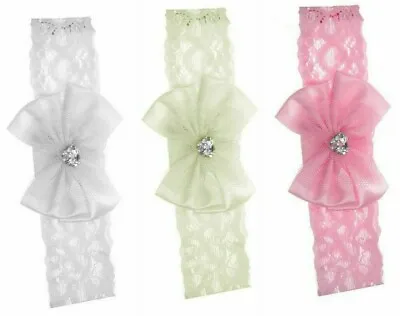 Baby Headband Girls Lace Satin Bow & Button Gem Hair Bands 3 Cols By Soft Touch • £2.85