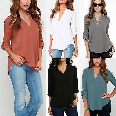 $18.59 • Buy Women's V-Neck Long Sleeve Chiffon Casual Loose Tops Blouses T-Shirt Work Shirts
