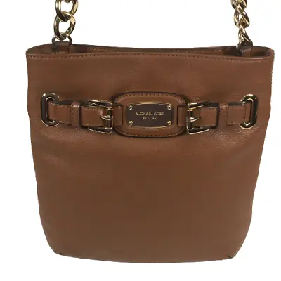 MICHAEL KORS Hamilton Crossbody Bag Cognac Pebble Leather Folio Gold Chain Purse • $59.13