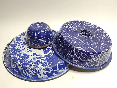 Antique Enamelware Graniteware Cobalt Blue Swirl Spotted Lot Of 3 Pieces • $29.99