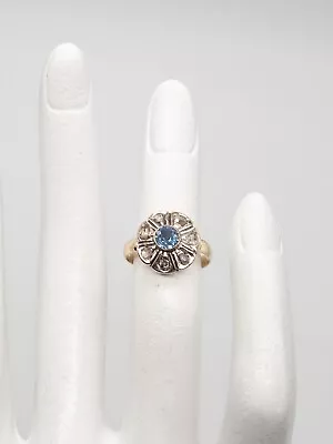 Antique Edwardian 1ct Blue Zircon Mine Cut Diamond 14k Yellow Gold HALO Ring • $485