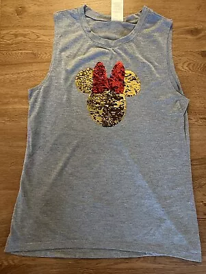 Disney Womens Tank Top Gray  With Mickey Mouse Ears Sequins Size Medium • $10.99