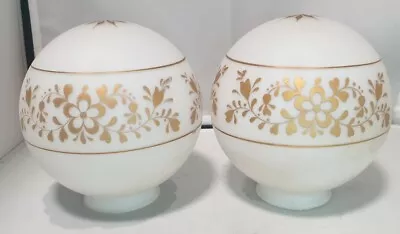 Vintage Pair White Glass Globe Ceiling Light Fixture Shades Gold Floral Design • $18.99