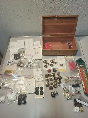 VINTAGE LANE CEDAR CHEST SEWING BOX Buttons Lot Thimbles Needles Pin Cushion • $42.22