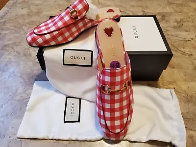 $490 • Buy Gucci Princetown Red White Gingham Plaid Slide Loafer Mule Slipper Flat 8.5