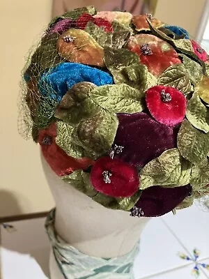 Women's Vintage Kutz Hat Velvet Flowers Multi Pillbox With Veil Green • $29