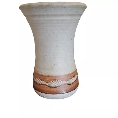 Vintage Hand Thrown Studio Art Stoneware Vase Incised Designs  Signed 7  Tall • $20.59