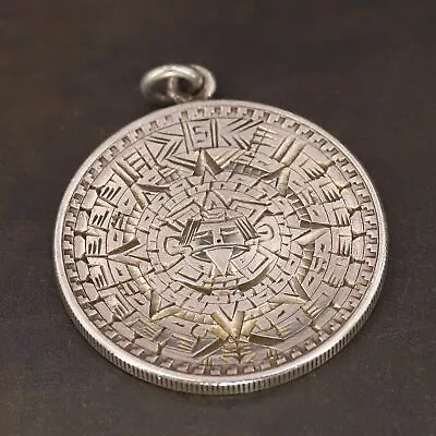 VTG Sterling Silver - MEXICO Mayan Sun & Eagle Coin Necklace Pendant - 26.5g • $26