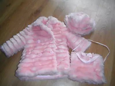 £19.99 • Buy COUCHE TOT BABY GIRLS PINK FAUX FUR DIAMONTE BUTTON COAT HAT & BAG 6 Months