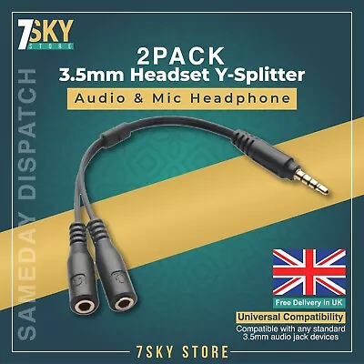 2pack 3.5mm Headset Adapter Y-Splitter Jack  Separate Audio And Mic Headphone • £3.99