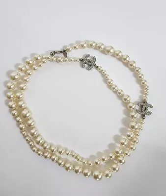  Authentic Chanel Double Cc Faux Pearl Long Classic Timeless Vintage Necklace  • $1625